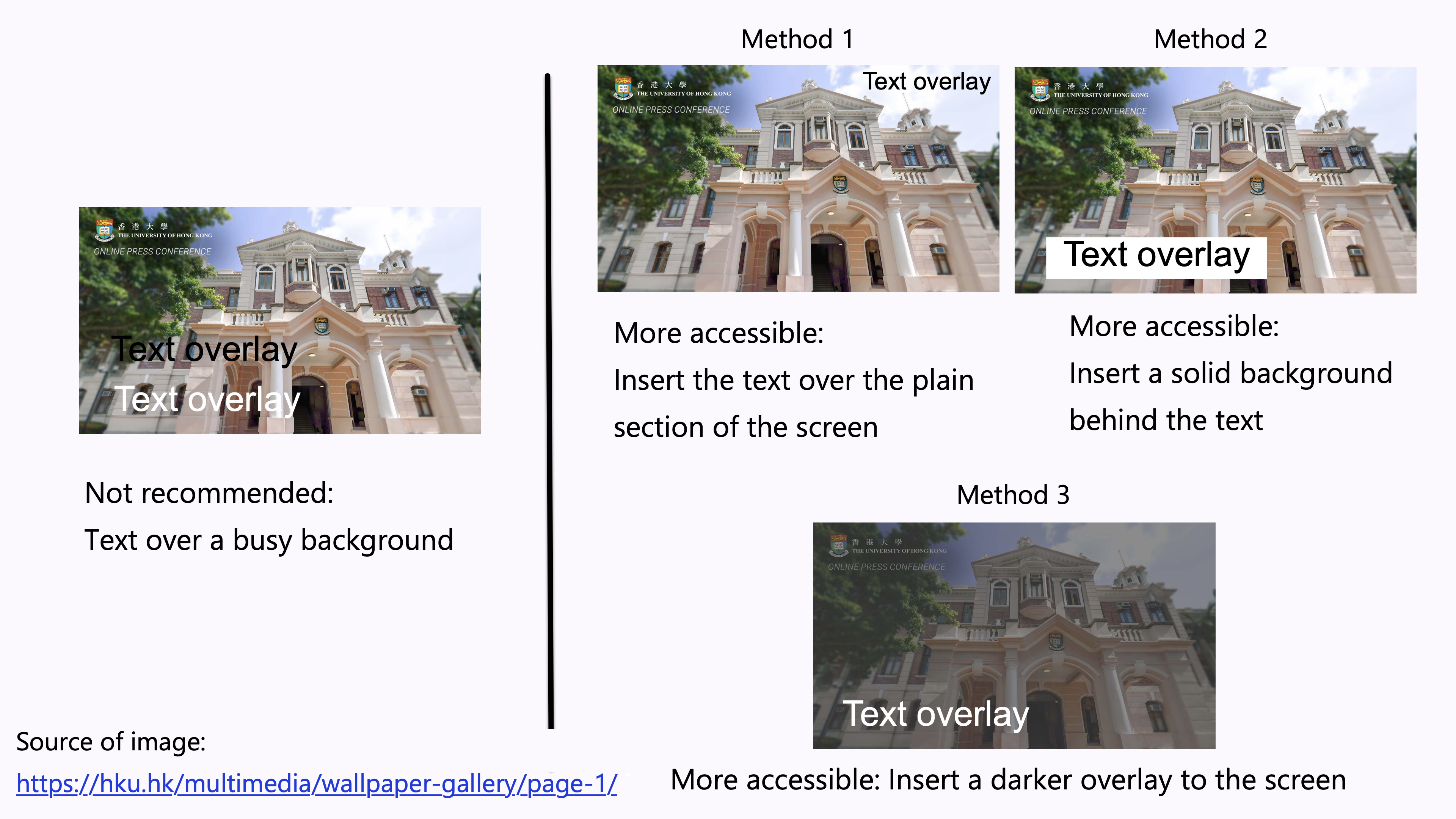 Images comparing the not-recommended way of overlaying texts over a busy background, and the three more accessible methods to increase the accessibility of text overlay.