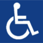 The International Symbol of Accessibility. An outline of a wheelchair user facing the right side.