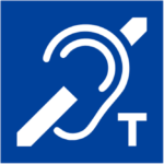 The Access for Hearing Loss symbol. A graphic of an ear with a thick diagonal line crossing through it between the top right corner and the bottom left corner. A capital letter T at the bottom right corner of the ear graphic.