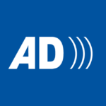 Audio description. Two capital letters A and D, with the A on the left and the D on the right. Three right parenthesis next to the right side of the capital letter D.